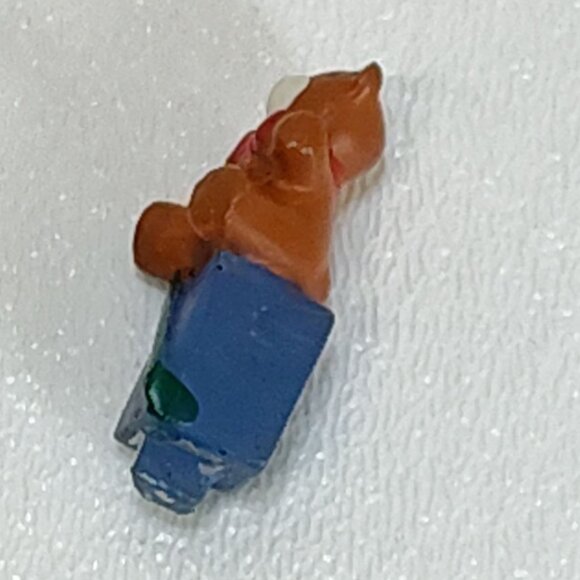 Miniature Brown Teddy Bear On Blue Present Box Decorative Tab Figurine Vintage - Picture 7 of 8